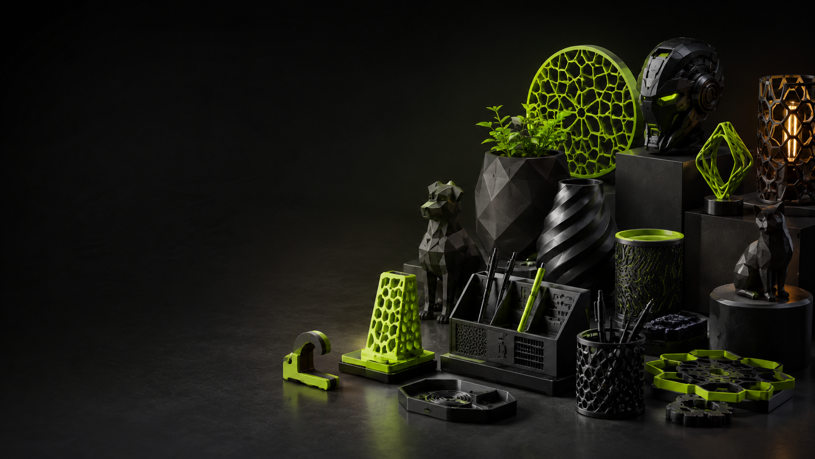 Coleção de peças impressas em 3D da Fazaê, em preto e verde-limão